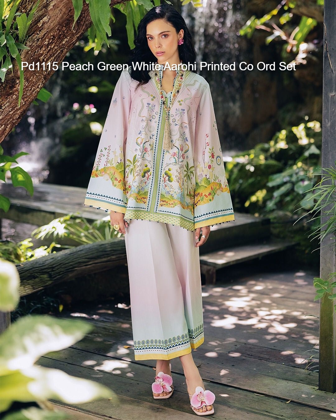Pd1115 Peach Green White Aarohi Printed Co Ord Set