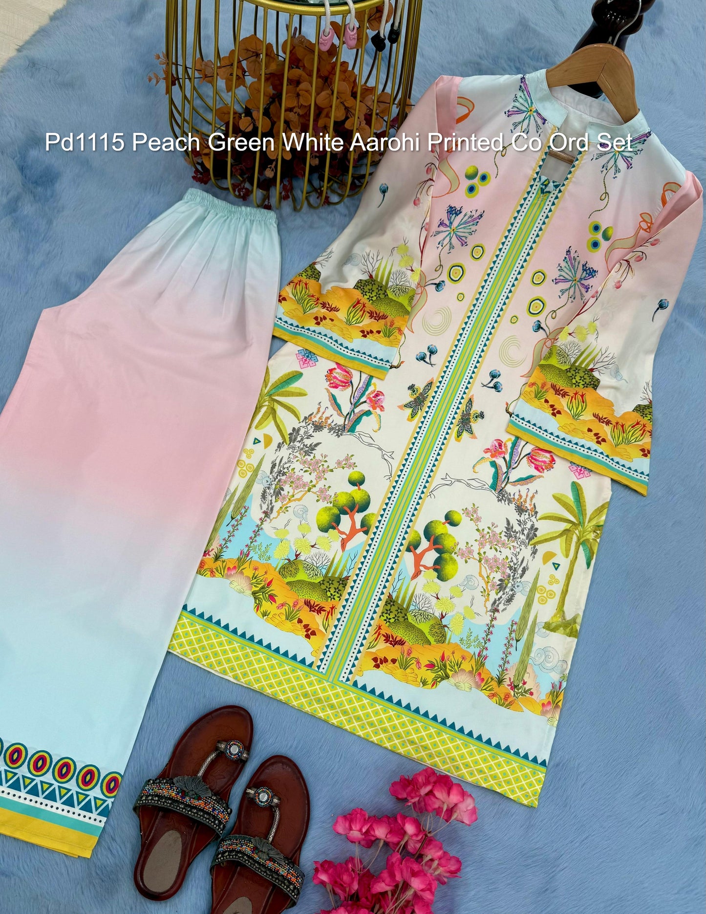 Pd1115 Peach Green White Aarohi Printed Co Ord Set