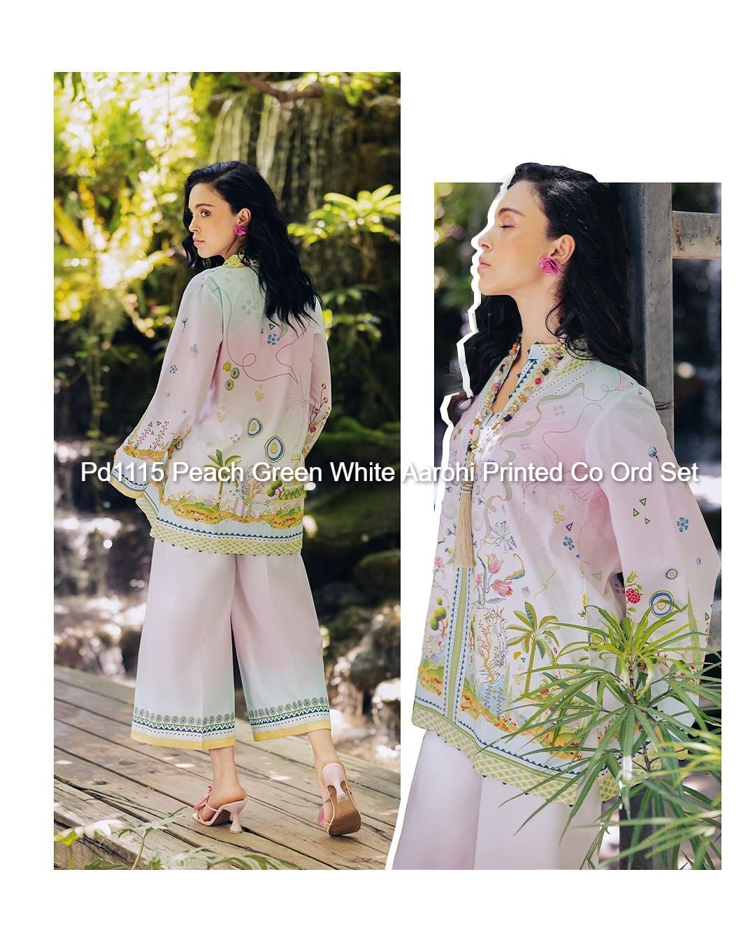 Pd1115 Peach Green White Aarohi Printed Co Ord Set
