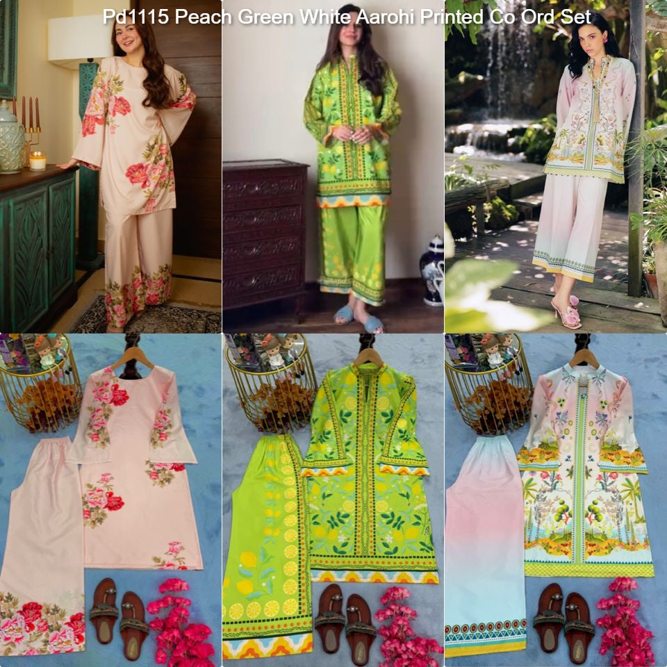 Pd1115 Peach Green White Aarohi Printed Co Ord Set