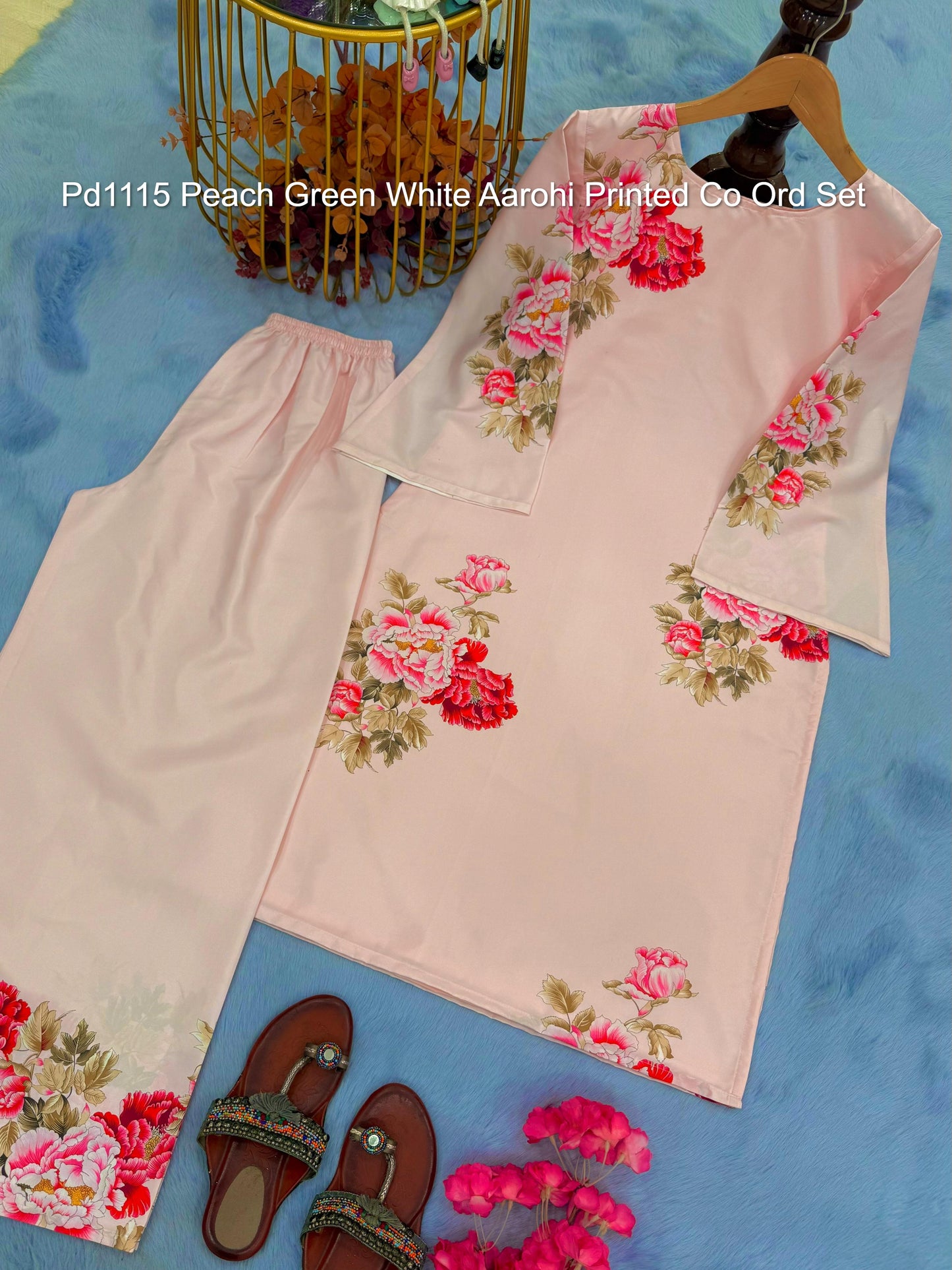 Pd1115 Peach Green White Aarohi Printed Co Ord Set