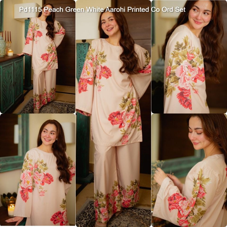 Pd1115 Peach Green White Aarohi Printed Co Ord Set