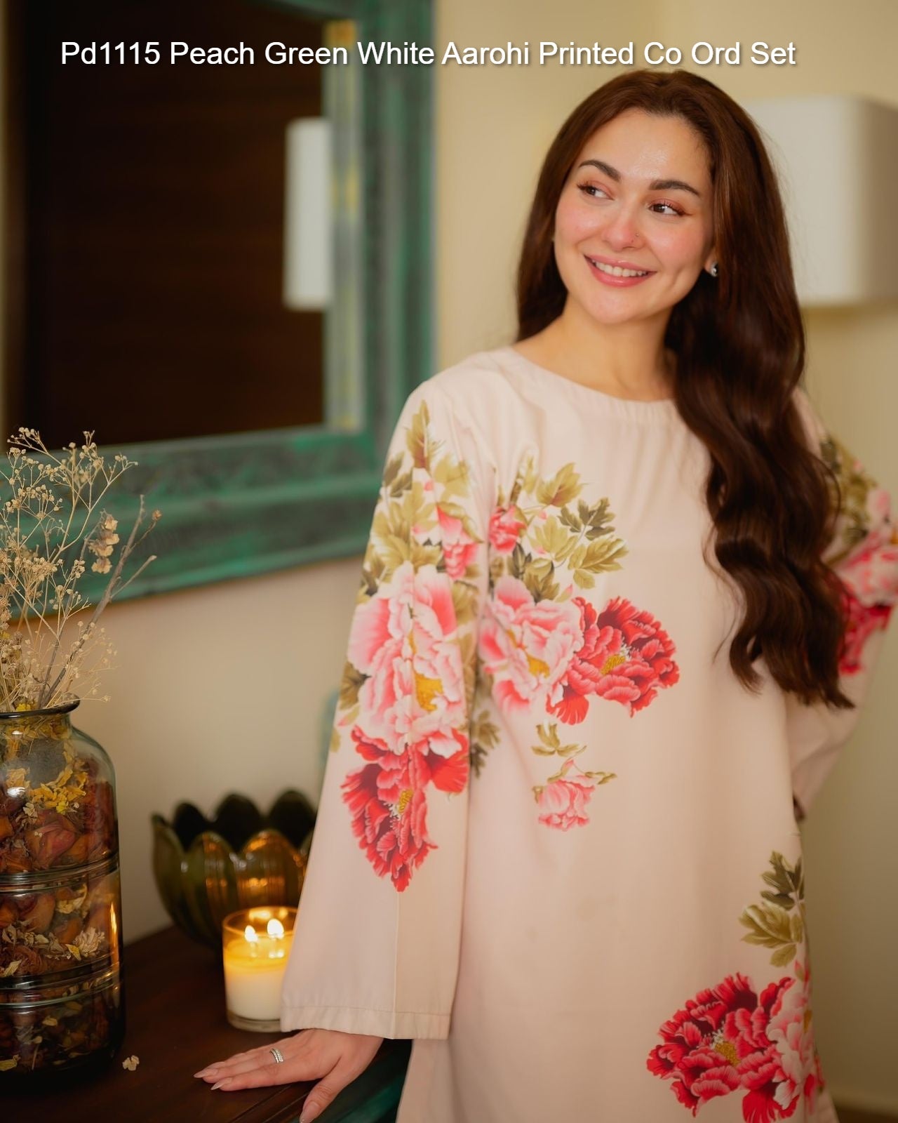 Pd1115 Peach Green White Aarohi Printed Co Ord Set