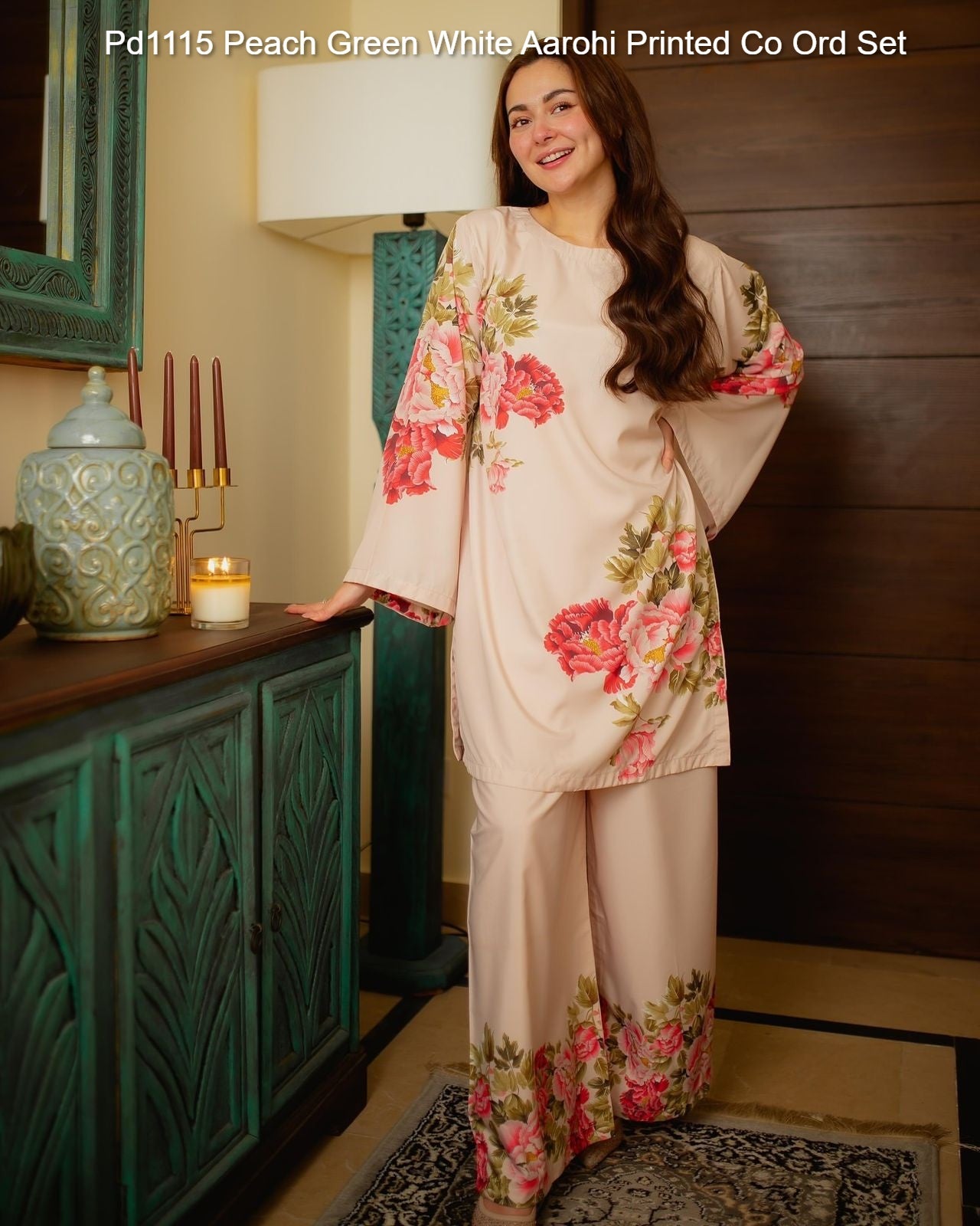 Pd1115 Peach Green White Aarohi Printed Co Ord Set