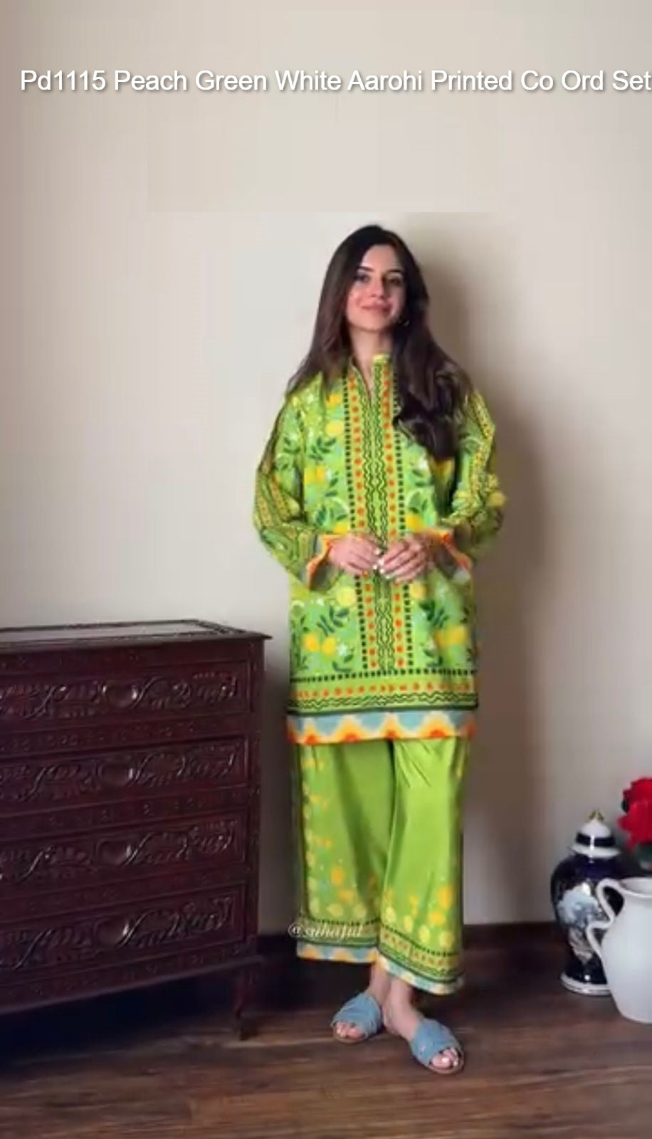 Pd1115 Peach Green White Aarohi Printed Co Ord Set