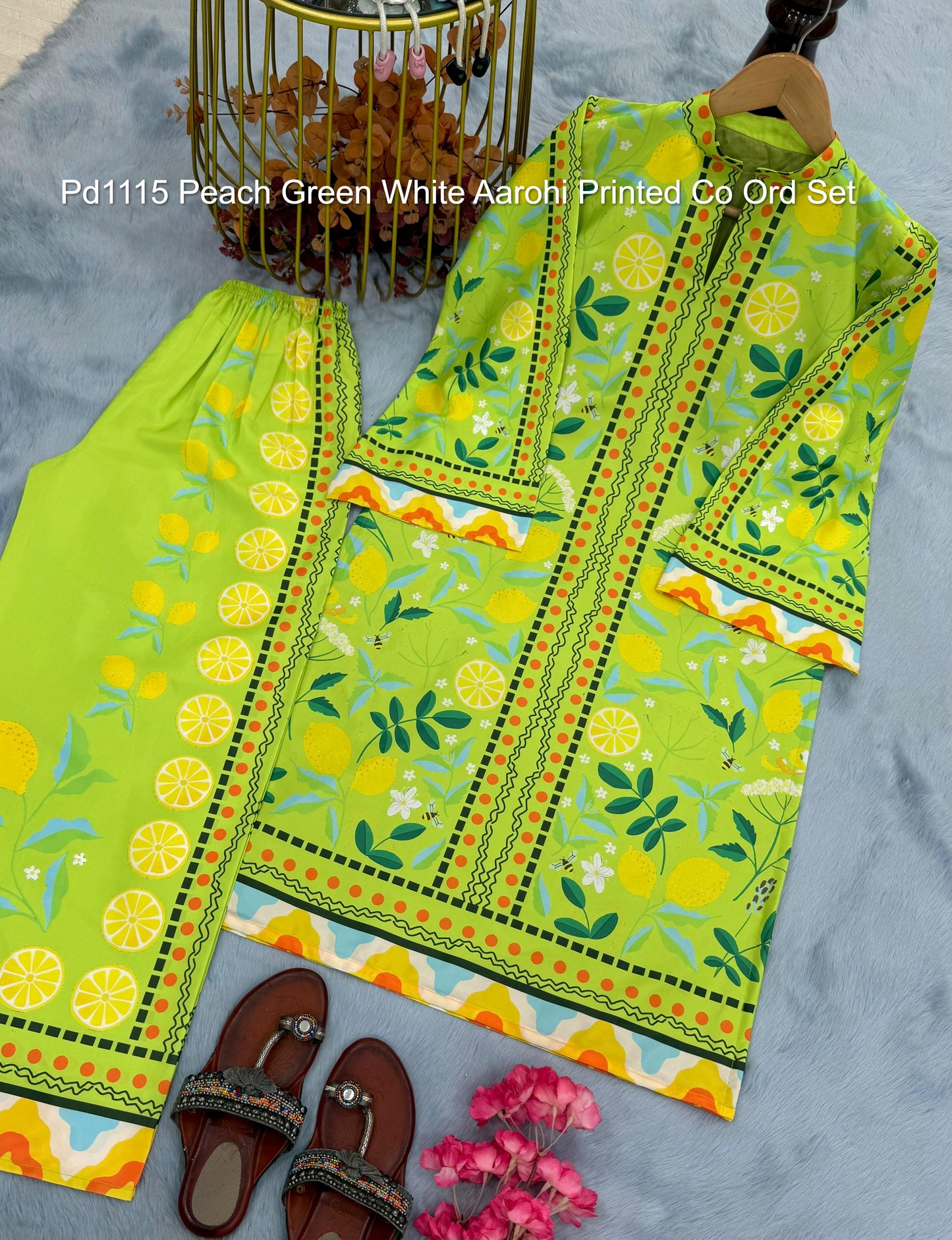 Pd1115 Peach Green White Aarohi Printed Co Ord Set