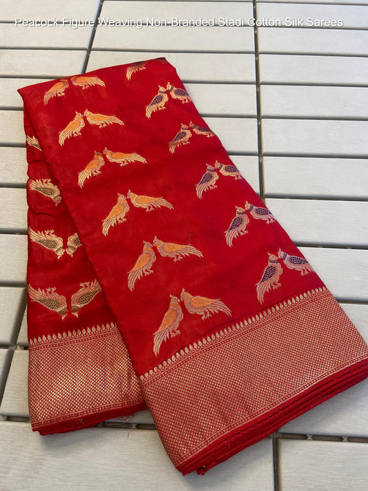 Peacock Figure Weaving Non-Branded Stadi Cotton Silk Sarees