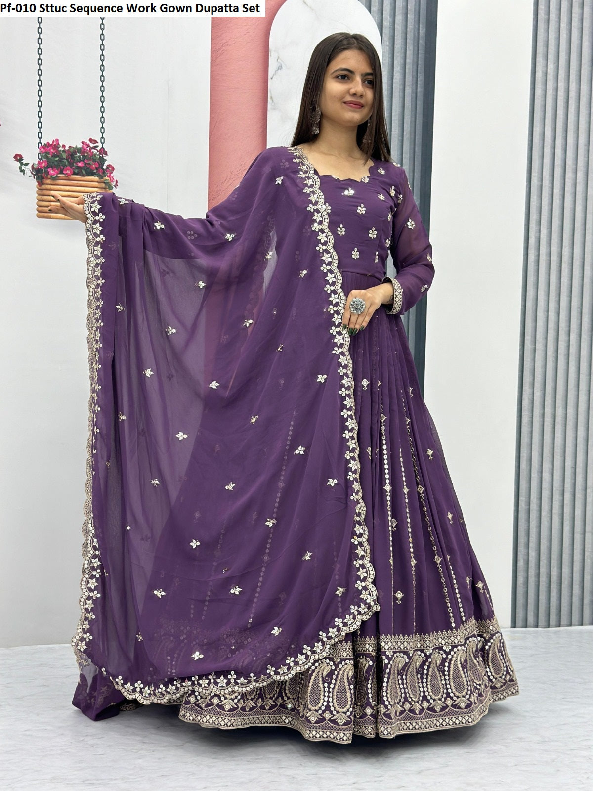 Pf-010 Sttuc Sequence Work Gown Dupatta Set