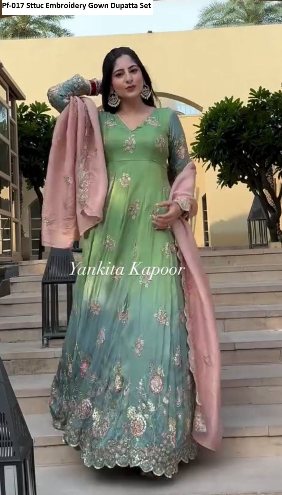 Pf-017 Sttuc Embroidery Gown Dupatta Set