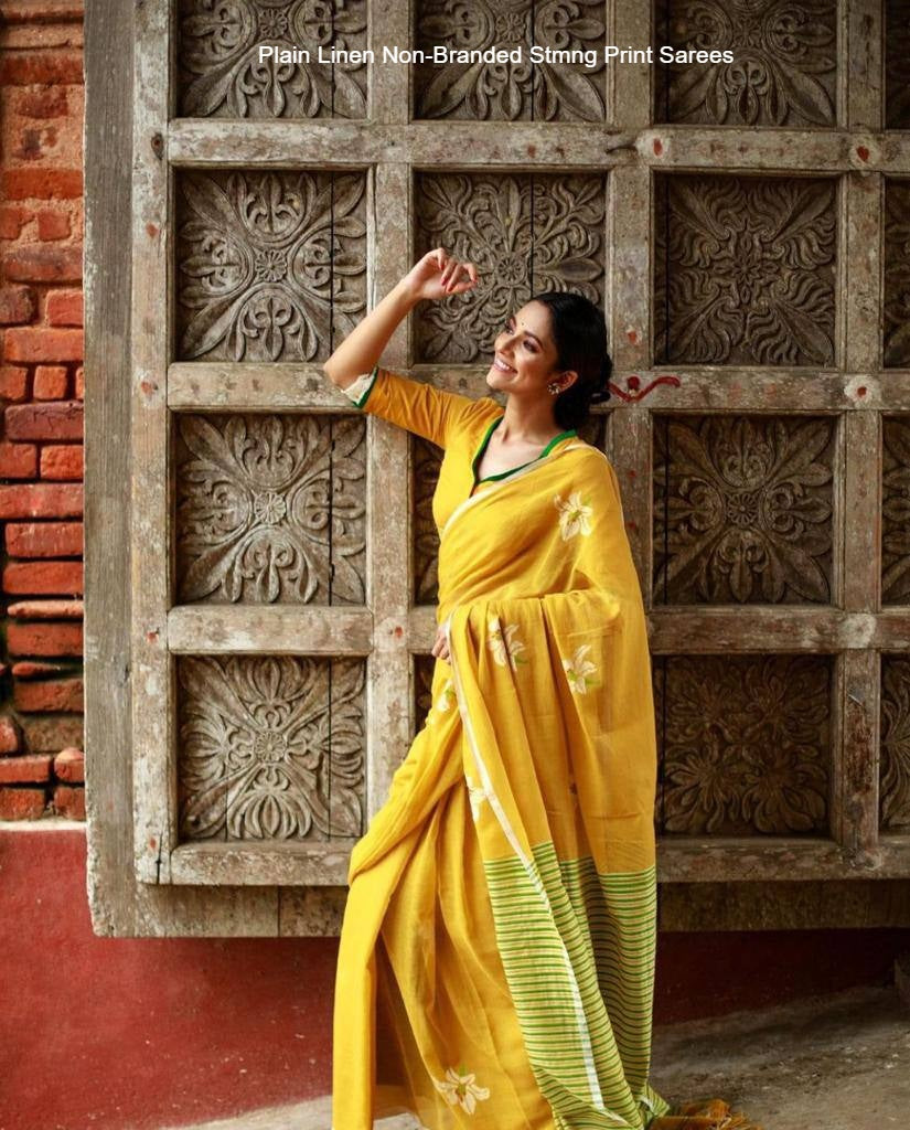Plain Linen Non-Branded Stmng Print Sarees