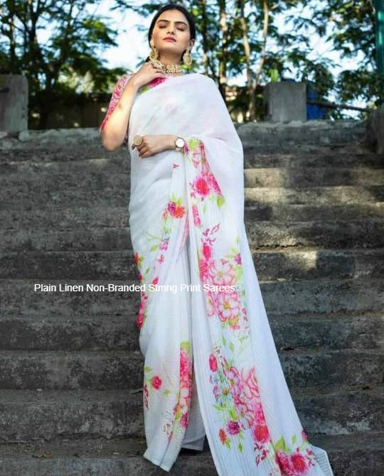 Plain Linen Non-Branded Stmng Print Sarees