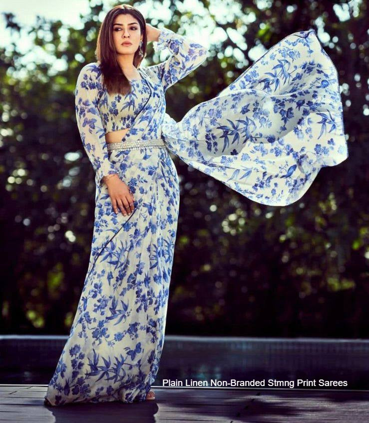 Plain Linen Non-Branded Stmng Print Sarees