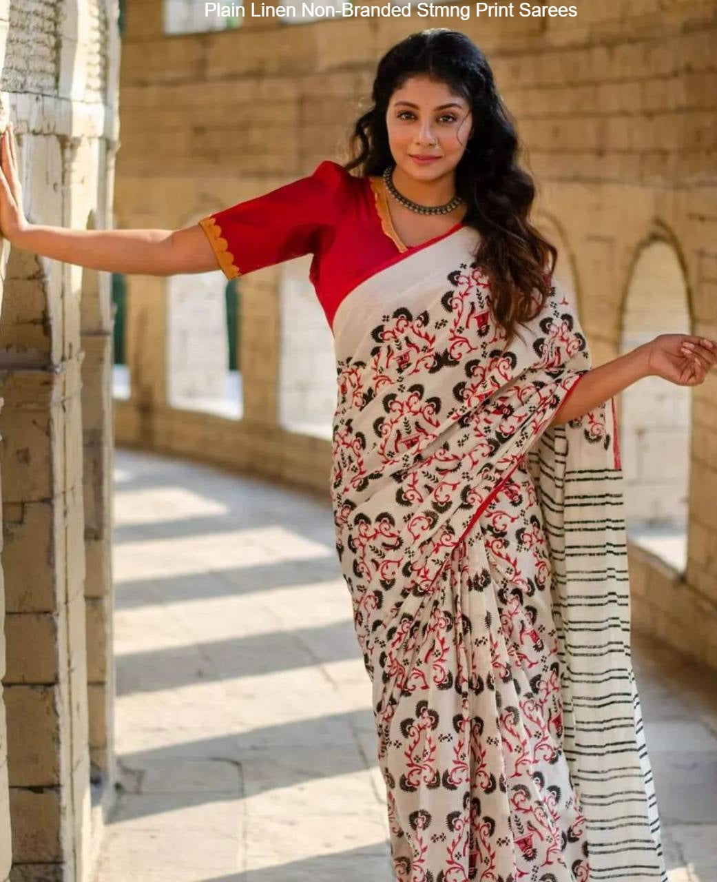 Plain Linen Non-Branded Stmng Print Sarees