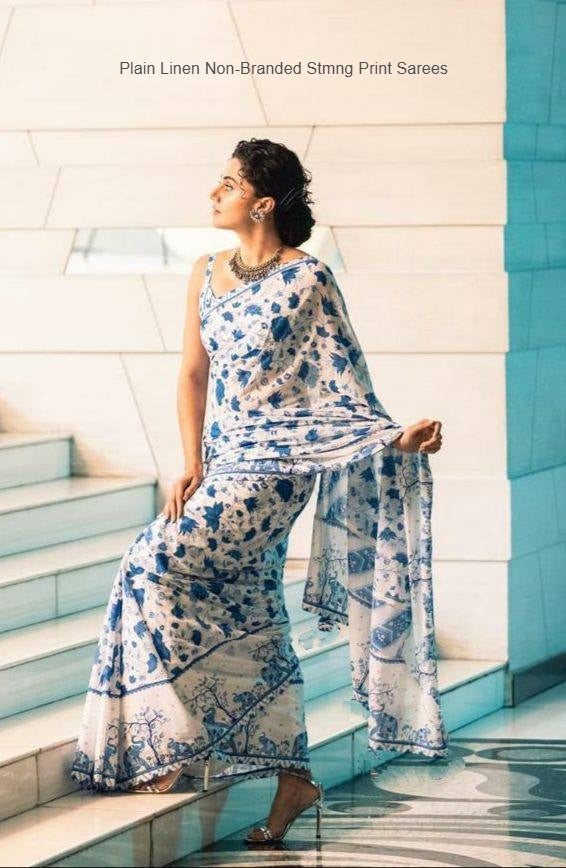Plain Linen Non-Branded Stmng Print Sarees