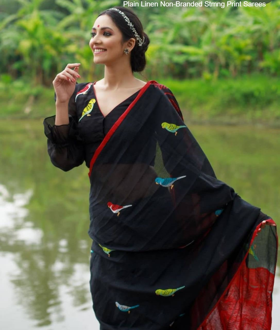 Plain Linen Non-Branded Stmng Print Sarees