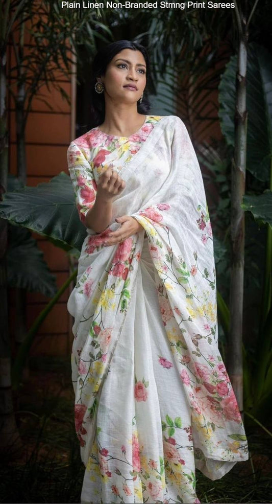 Plain Linen Non-Branded Stmng Print Sarees