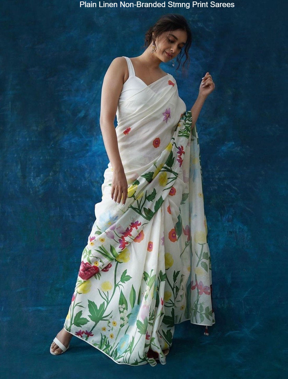 Plain Linen Non-Branded Stmng Print Sarees
