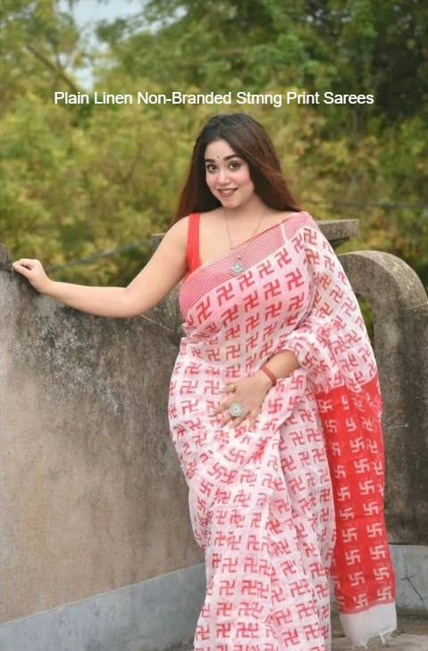 Plain Linen Non-Branded Stmng Print Sarees