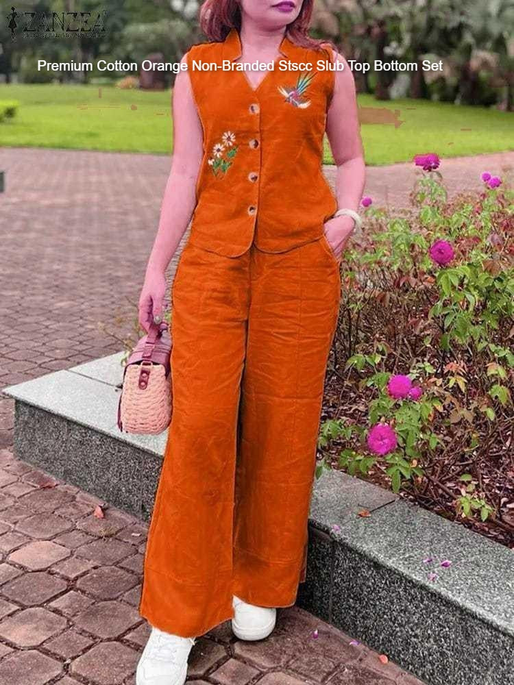 Premium Cotton Orange Non-Branded Stscc Slub Top Bottom Set