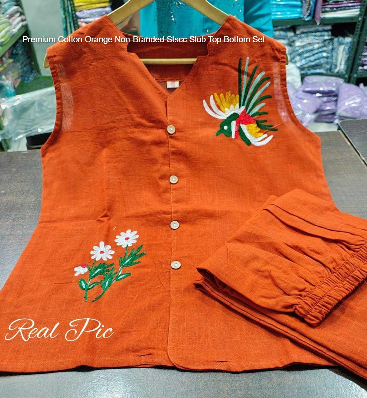 Premium Cotton Orange Non-Branded Stscc Slub Top Bottom Set