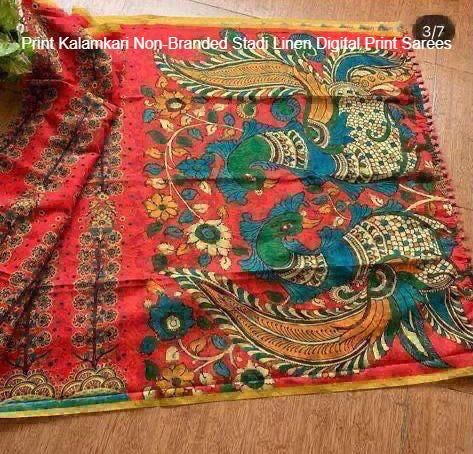 Print Kalamkari Non-Branded Stadi Linen Digital Print Sarees