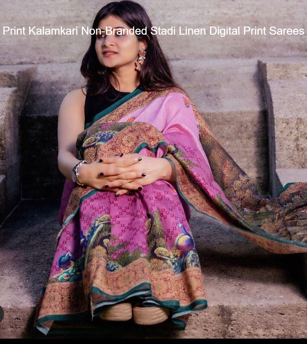 Print Kalamkari Non-Branded Stadi Linen Digital Print Sarees