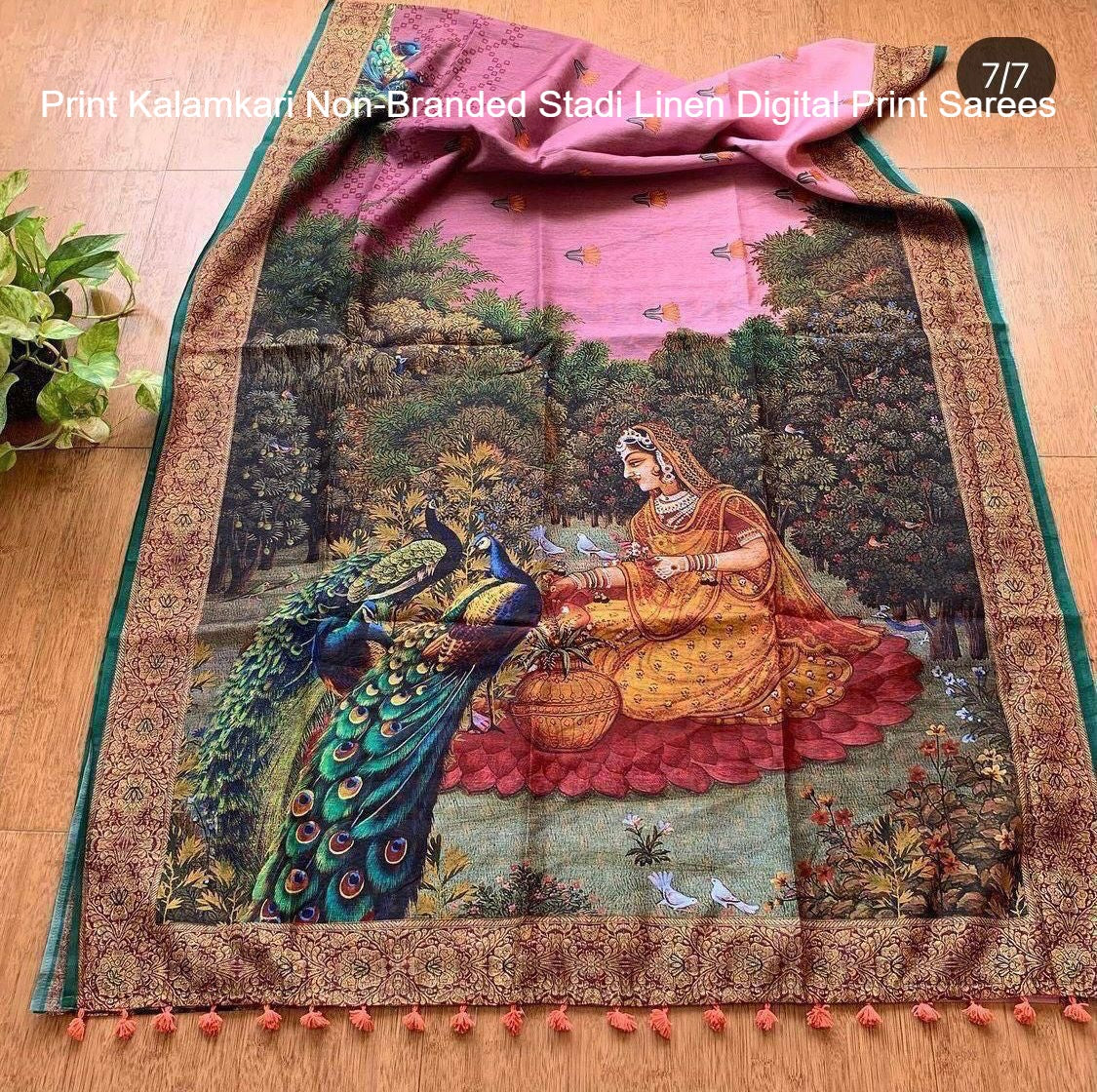 Print Kalamkari Non-Branded Stadi Linen Digital Print Sarees