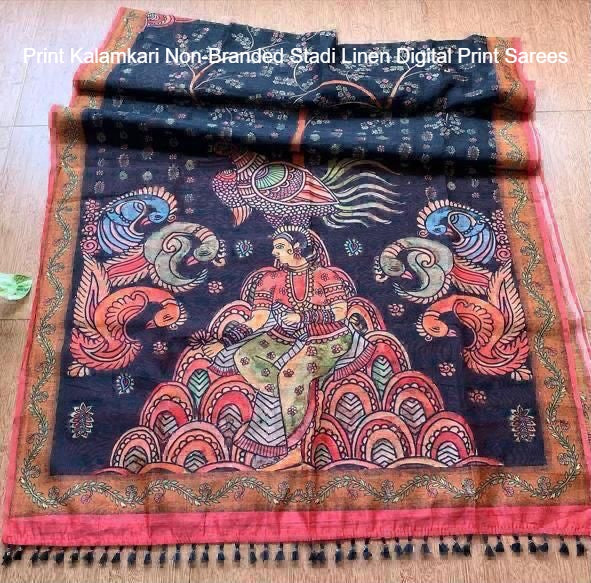 Print Kalamkari Non-Branded Stadi Linen Digital Print Sarees