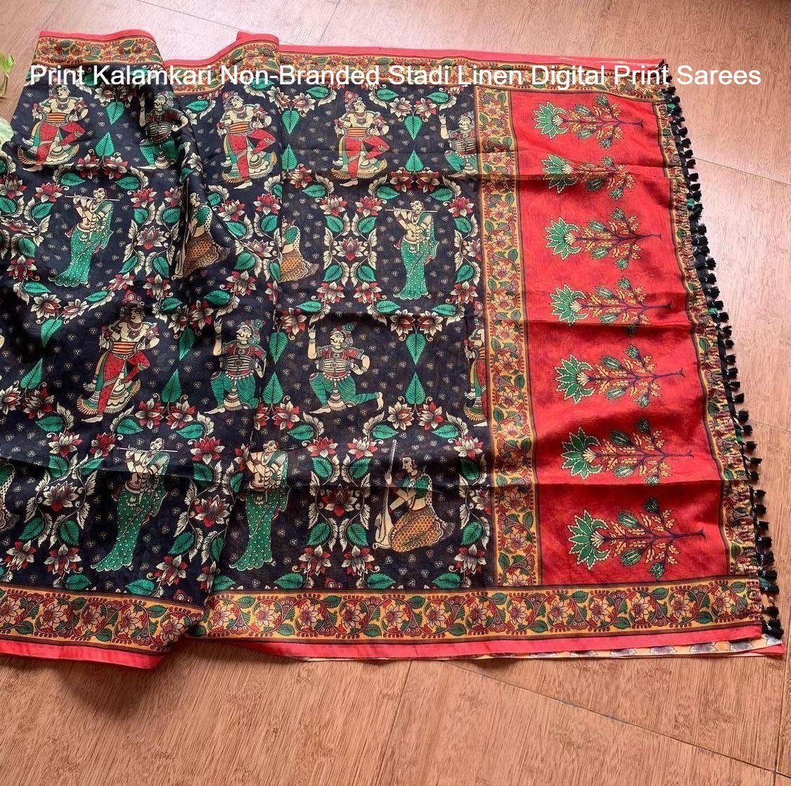 Print Kalamkari Non-Branded Stadi Linen Digital Print Sarees