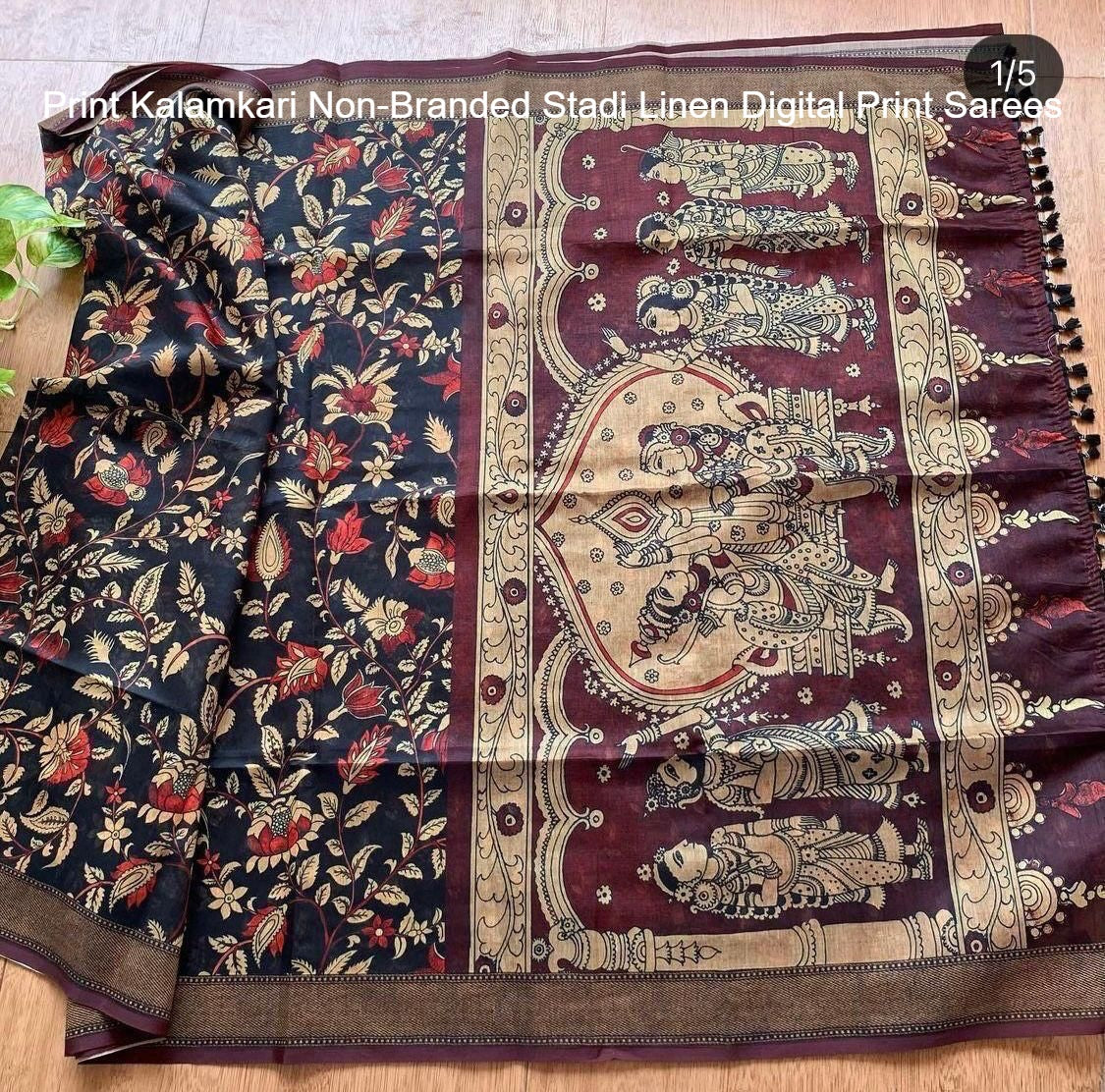 Print Kalamkari Non-Branded Stadi Linen Digital Print Sarees