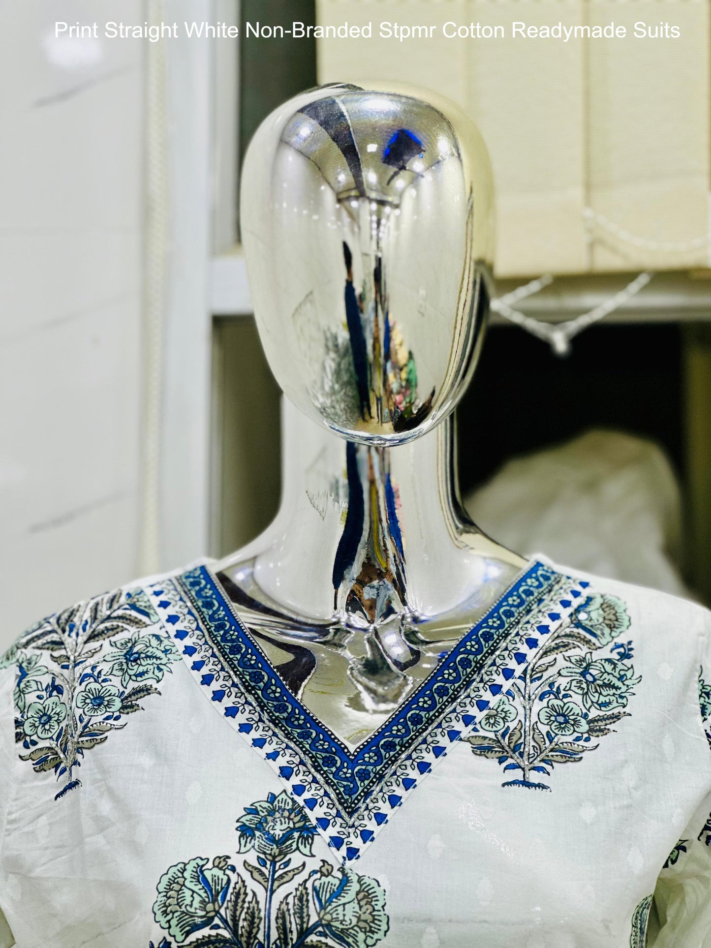 Print Straight White Non-Branded Stpmr Cotton Readymade Suits