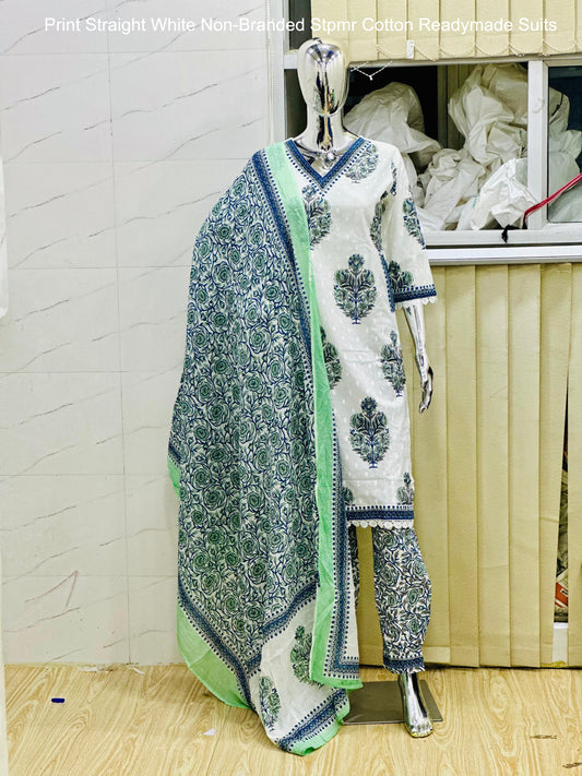 Print Straight White Non-Branded Stpmr Cotton Readymade Suits