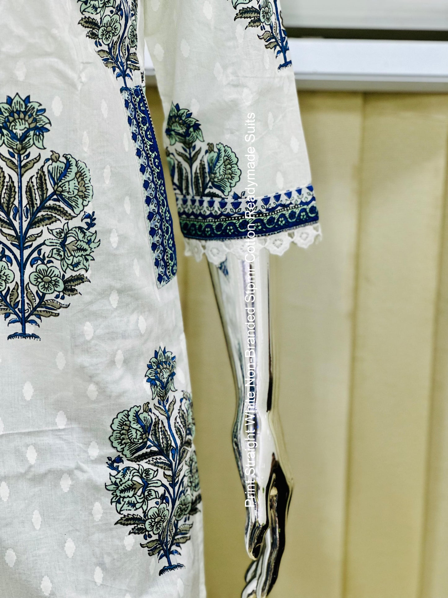 Print Straight White Non-Branded Stpmr Cotton Readymade Suits