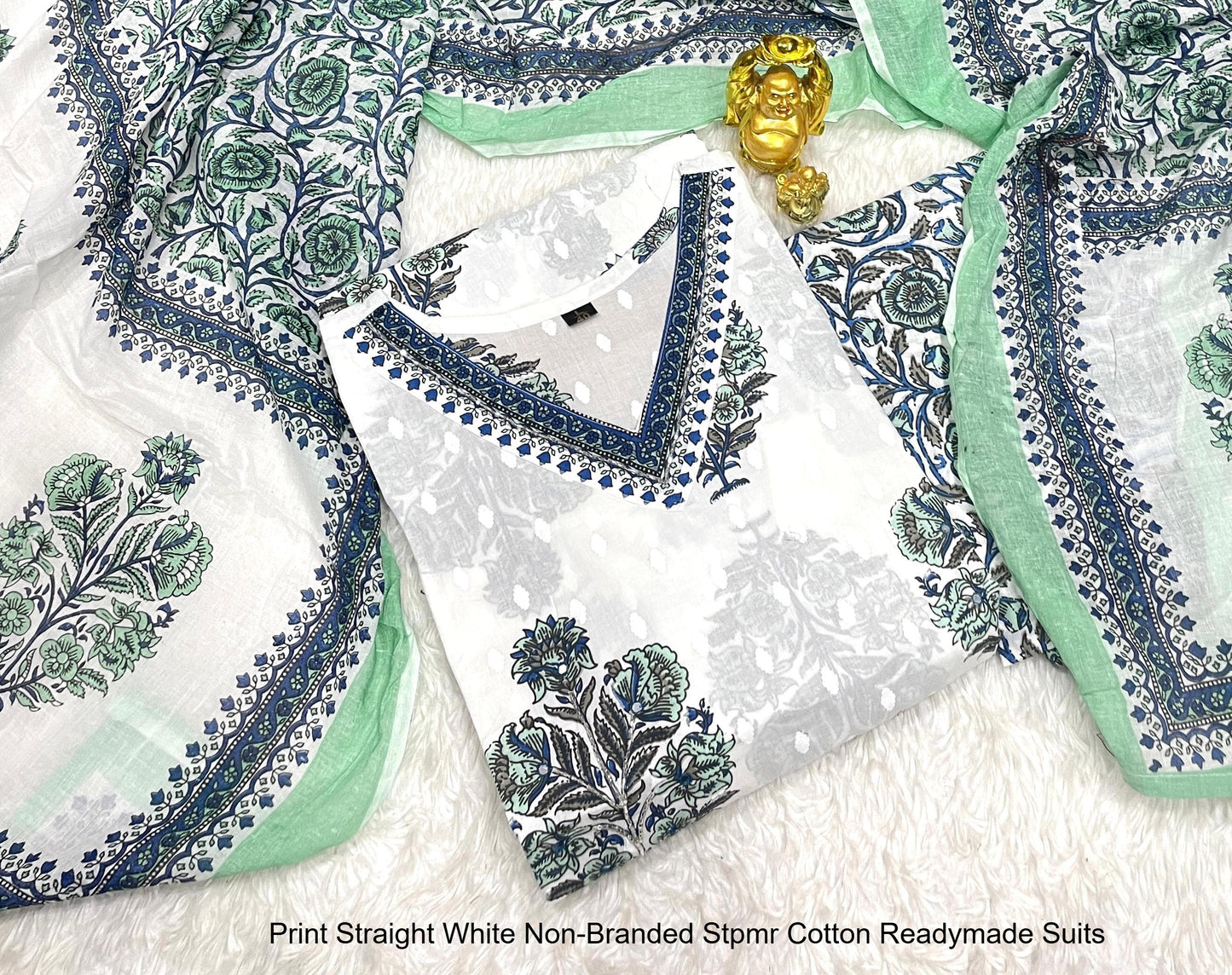 Print Straight White Non-Branded Stpmr Cotton Readymade Suits