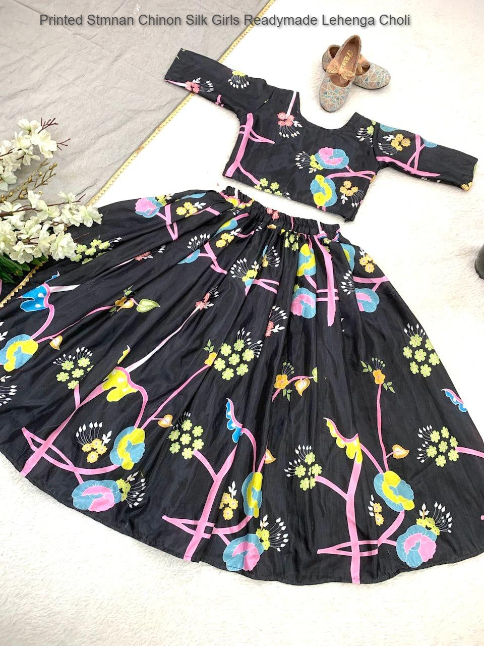 Printed Stmnan Chinon Silk Girls Readymade Lehenga Choli