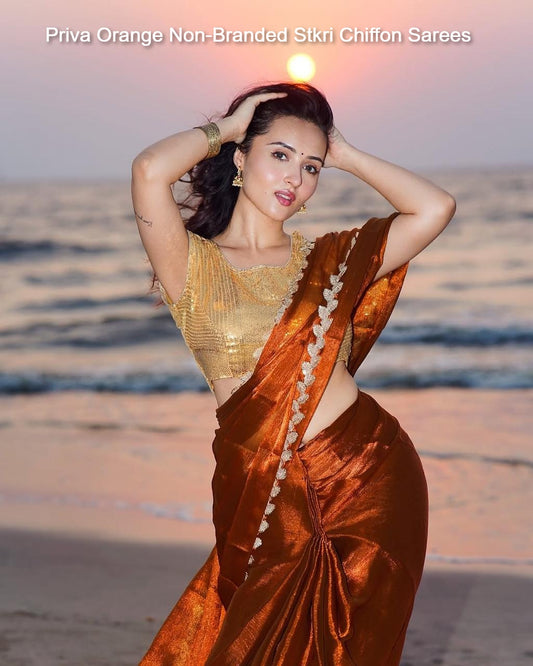 Priva Orange Non-Branded Stkri Chiffon Sarees