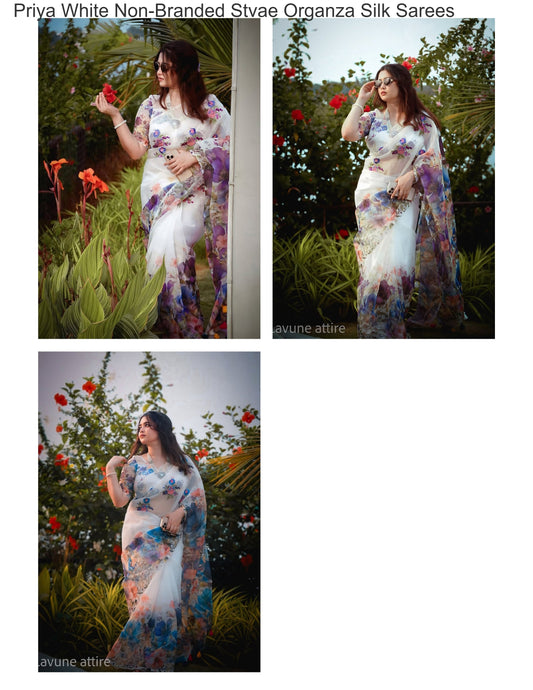 Priya White Non-Branded Stvae Organza Silk Sarees