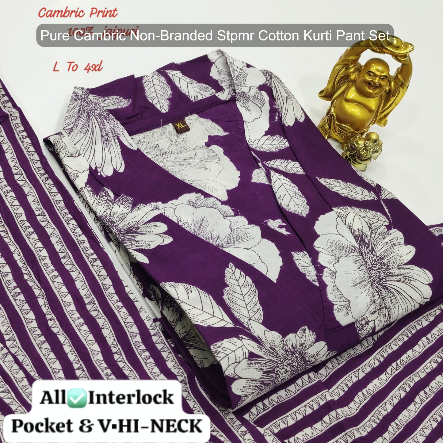 Pure Cambric Non-Branded Stpmr Cotton Kurti Pant Set