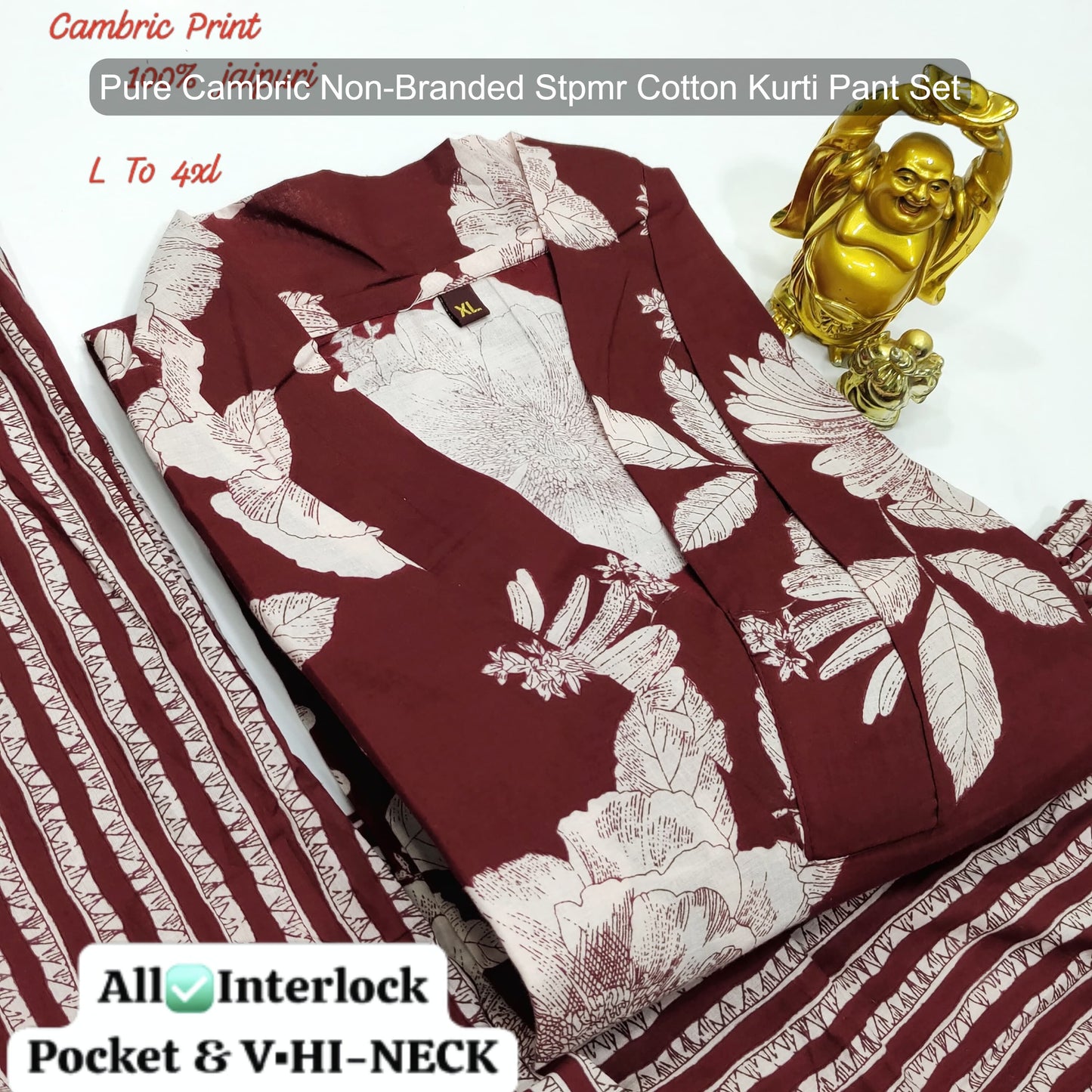 Pure Cambric Non-Branded Stpmr Cotton Kurti Pant Set