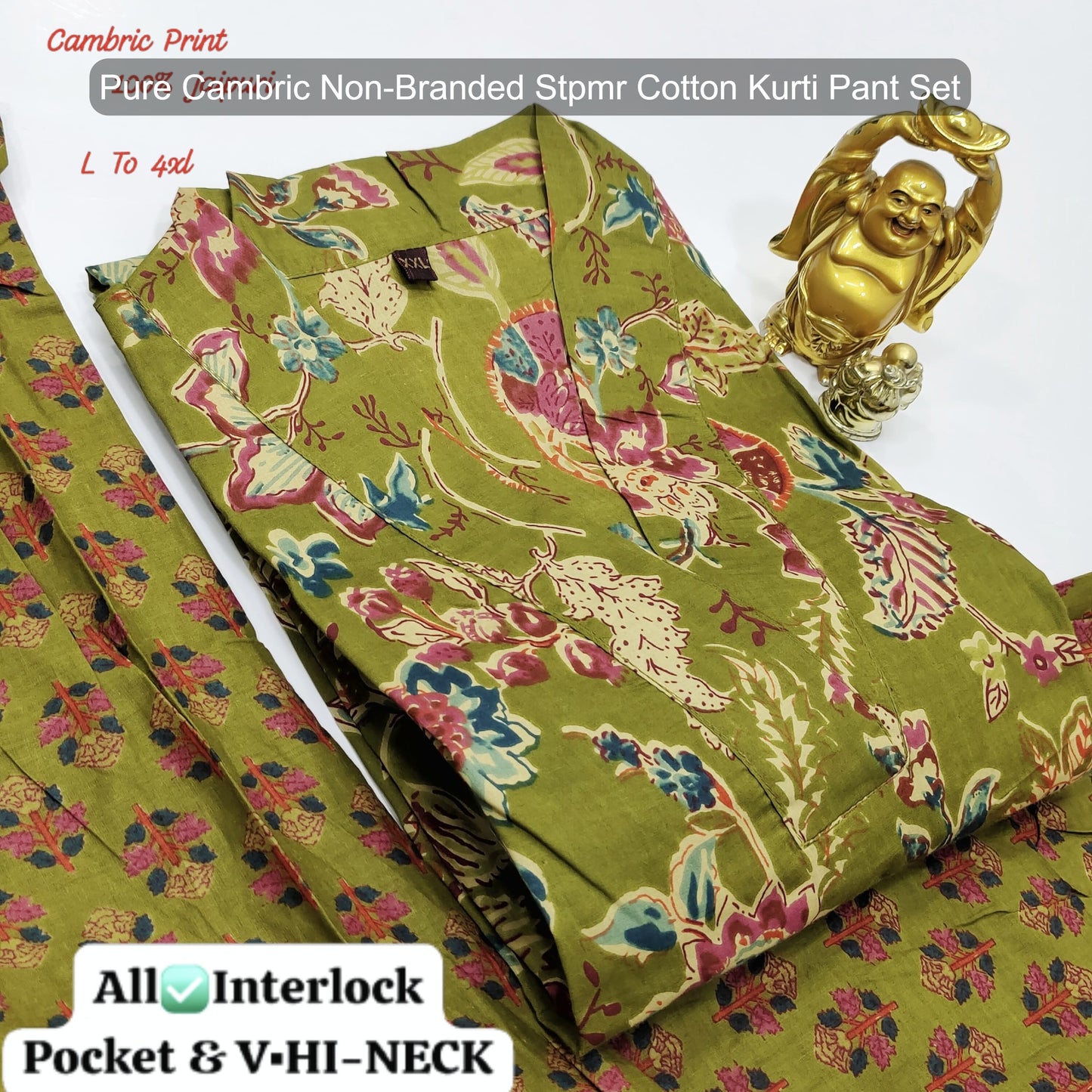Pure Cambric Non-Branded Stpmr Cotton Kurti Pant Set