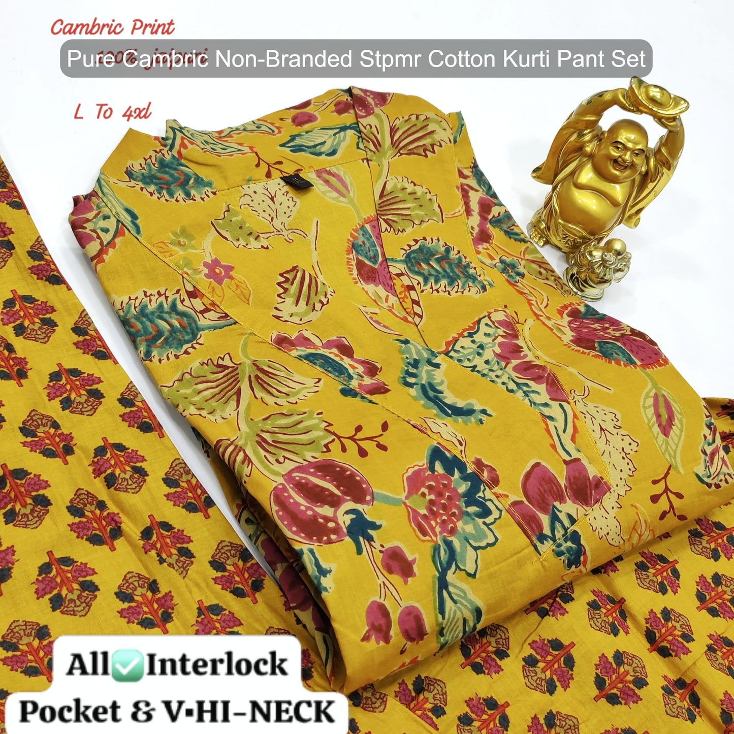 Pure Cambric Non-Branded Stpmr Cotton Kurti Pant Set