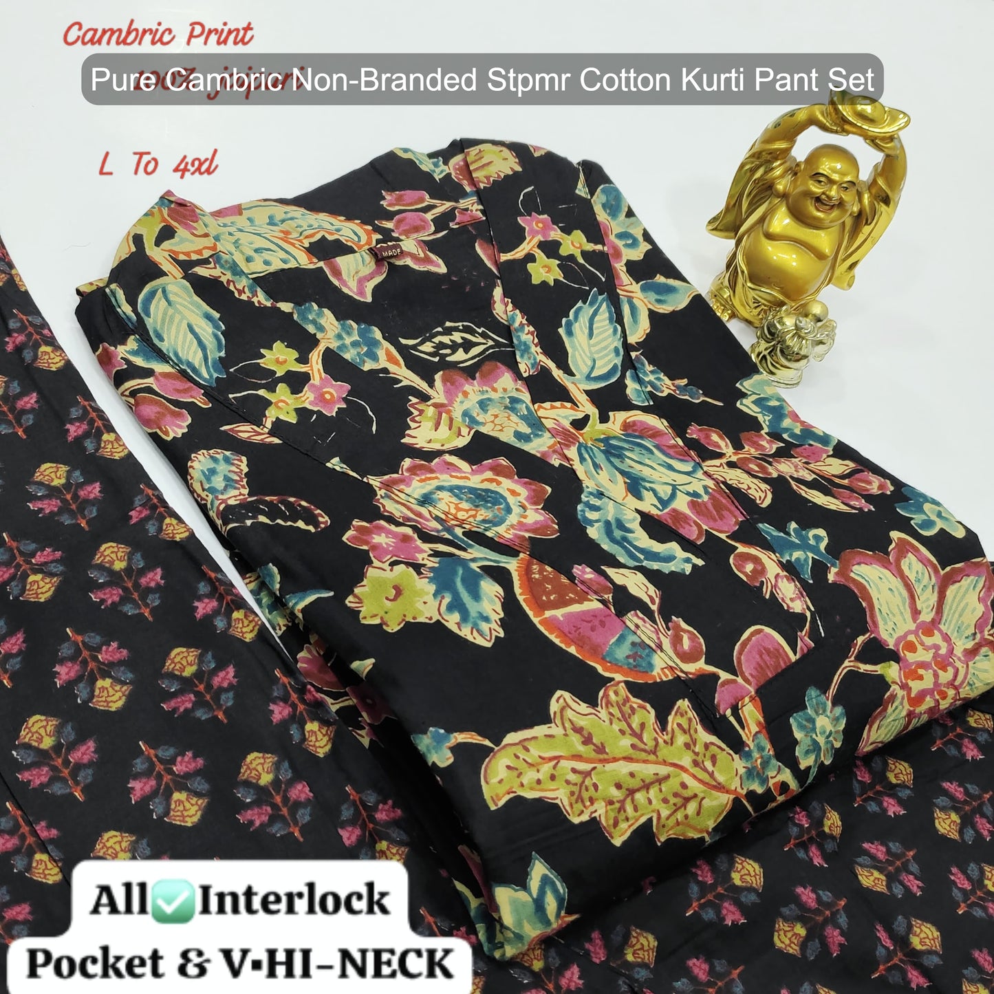Pure Cambric Non-Branded Stpmr Cotton Kurti Pant Set
