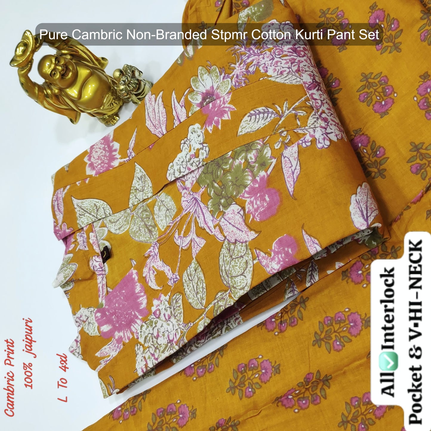 Pure Cambric Non-Branded Stpmr Cotton Kurti Pant Set