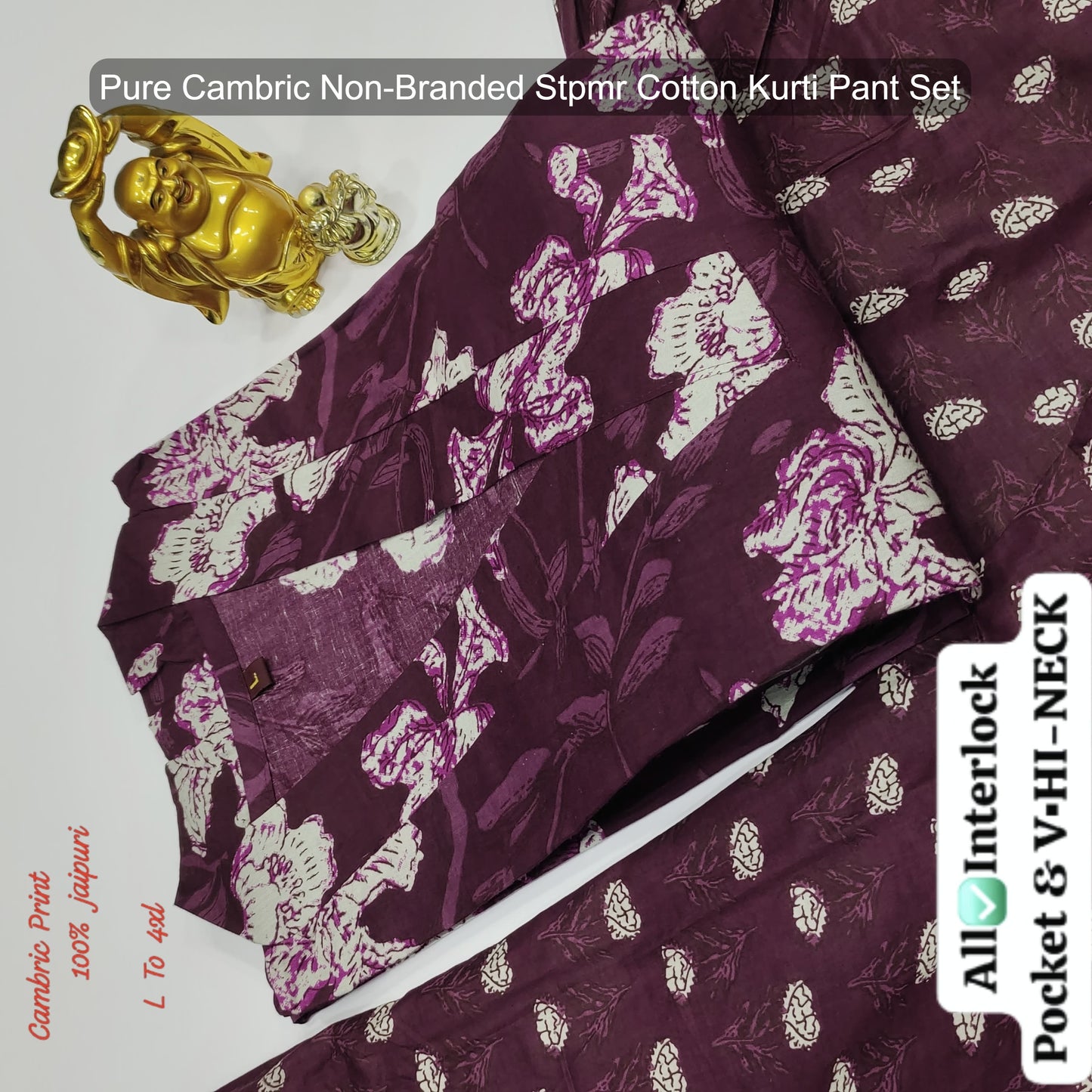 Pure Cambric Non-Branded Stpmr Cotton Kurti Pant Set