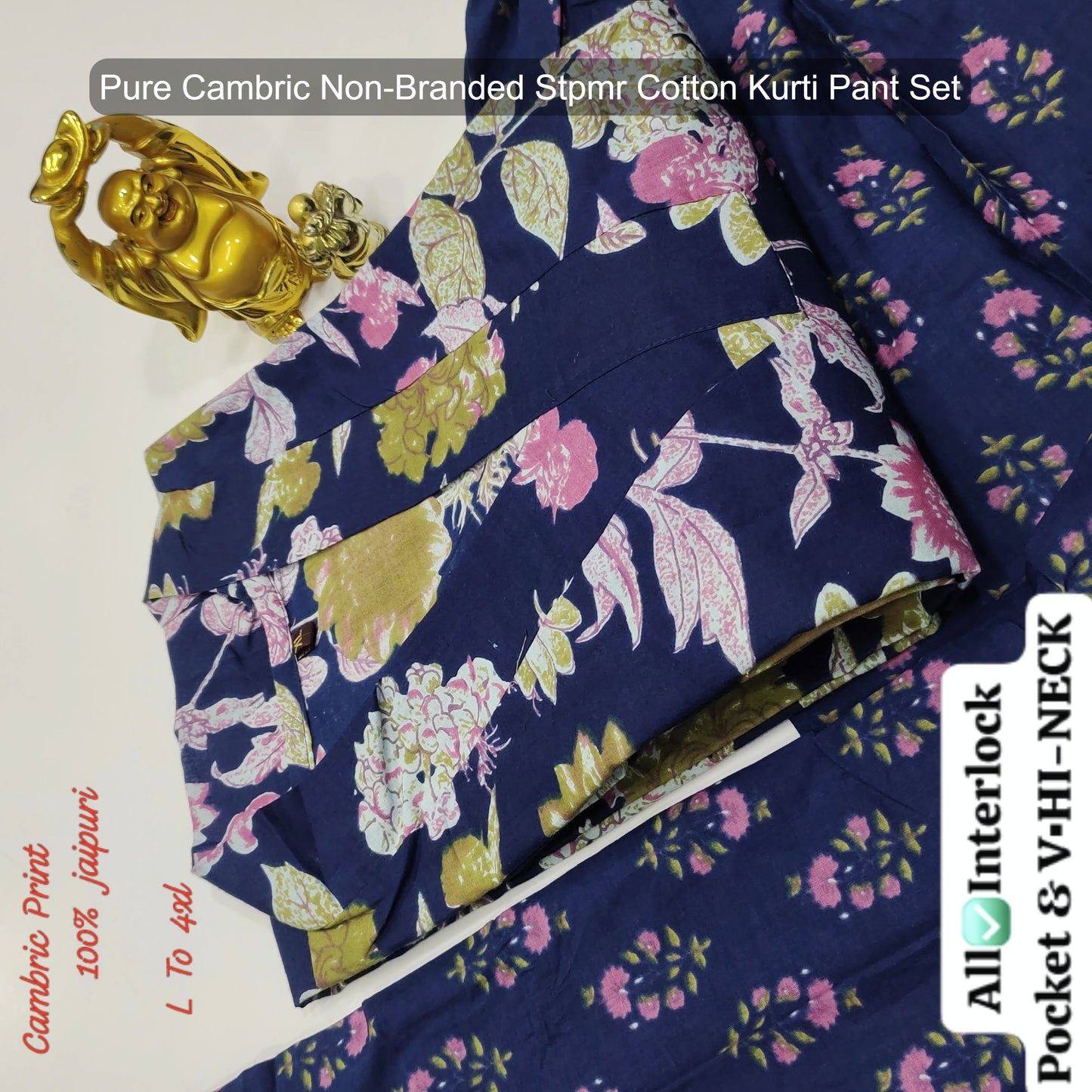 Pure Cambric Non-Branded Stpmr Cotton Kurti Pant Set