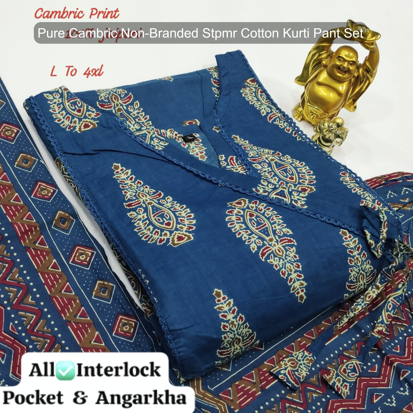Pure Cambric Non-Branded Stpmr Cotton Kurti Pant Set