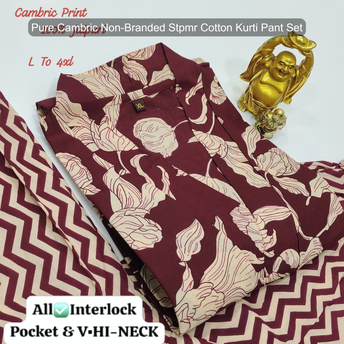 Pure Cambric Non-Branded Stpmr Cotton Kurti Pant Set