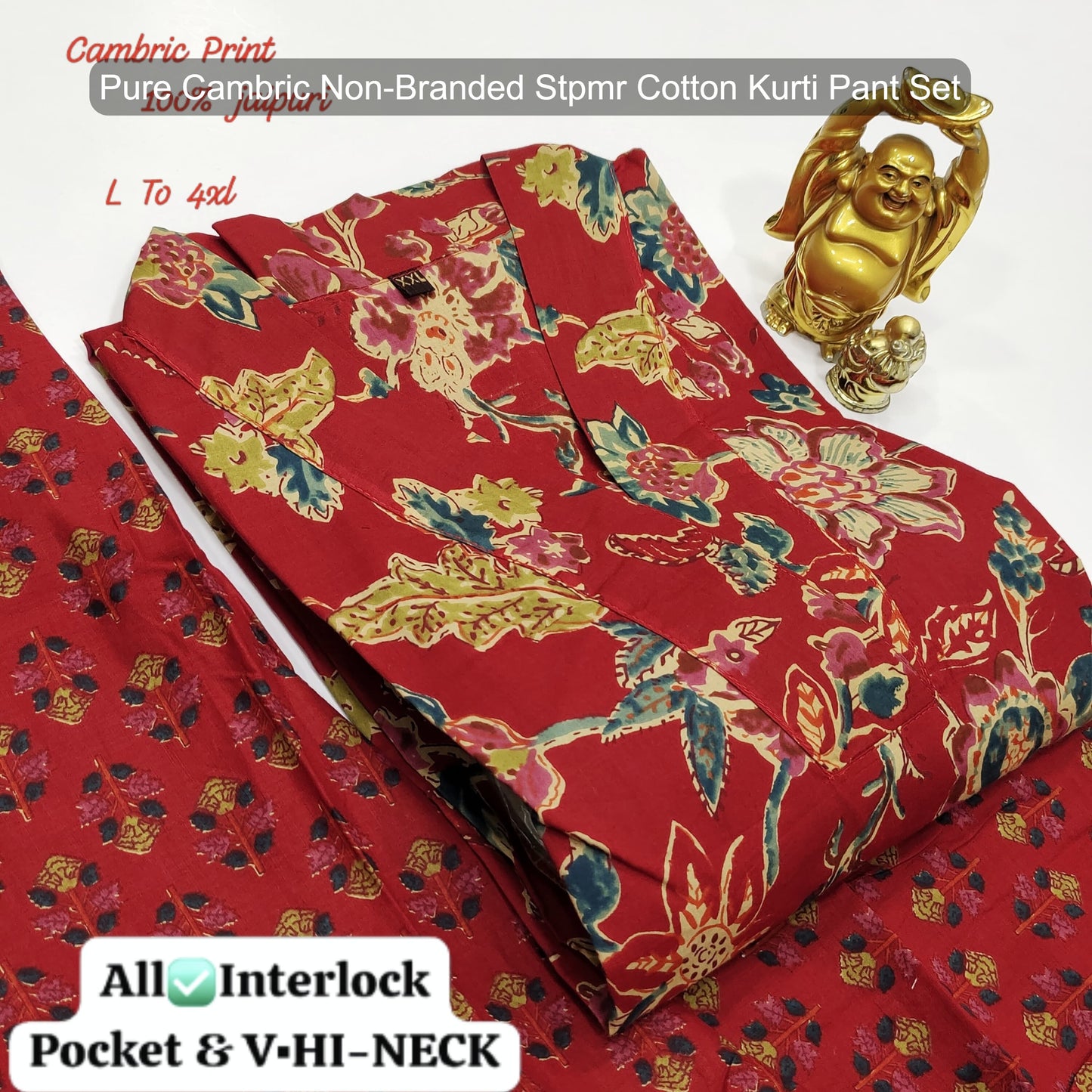 Pure Cambric Non-Branded Stpmr Cotton Kurti Pant Set