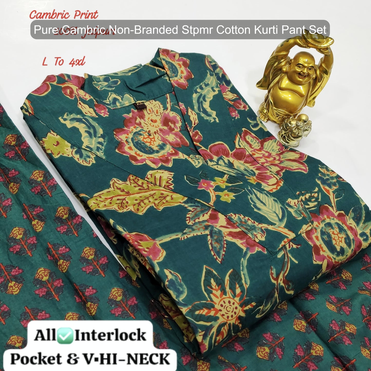 Pure Cambric Non-Branded Stpmr Cotton Kurti Pant Set