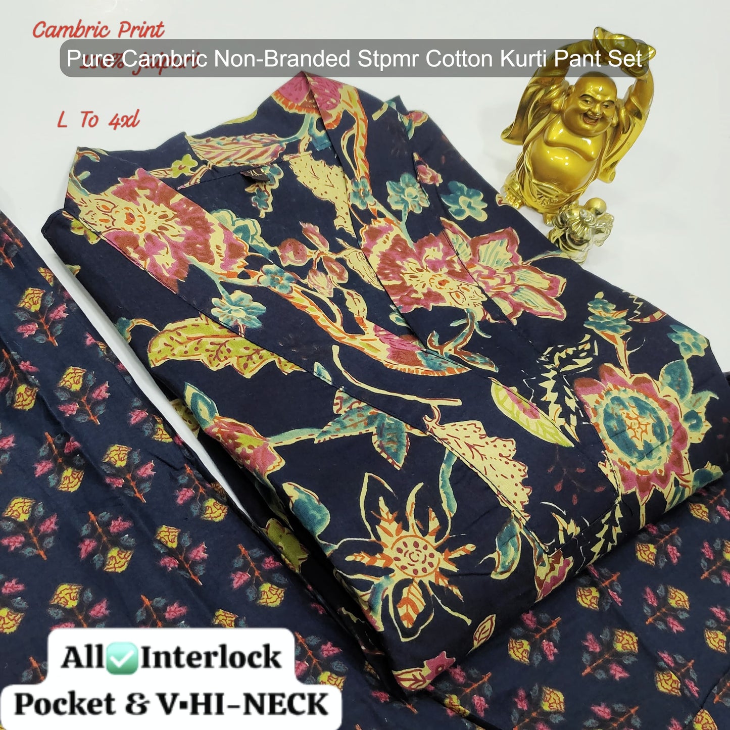 Pure Cambric Non-Branded Stpmr Cotton Kurti Pant Set